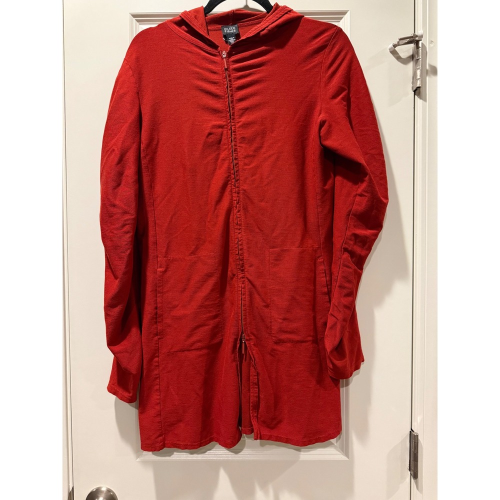Eileen Fisher Womens Red Viscose Blend Longline Two-Way Zip Hoodie‎ XS